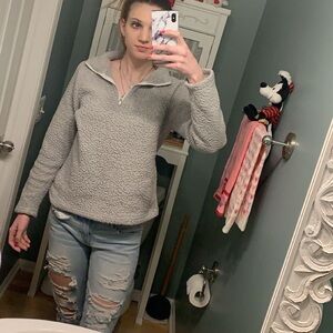 Gray Quarter-Zip Pullover Sherpa Long Sleeve Sweater M
